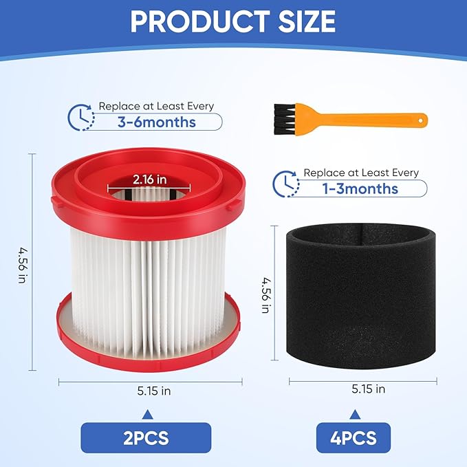 2 Pack 49-90-1900 Wet Dry Vacuum Filter Compatible With Milwaukee Cordless M18 Vacuum 0780-20 0880-20, with 4 Foam Sleeve Filters & 1 Brush