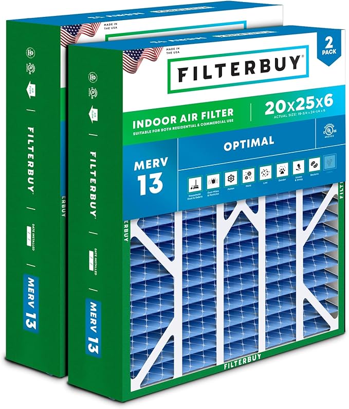 Filterbuy 20x25x6 Air Filter MERV 13 Optimal Defense (2-Pack), Pleated HVAC AC Furnace Air Filters for Aprilaire Space-Gard 201/2200 / 2250 & Lennox (Actual Size: 19.75 x 24.25 x 6.00 Inches)