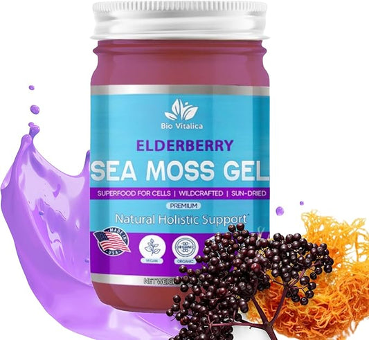 Sea Moss Gel by BioVitalica - Irish sea Moss raw Organic - Premium Quality - Dr Sebi, Vegan superfood for Cells - 100% Natural Seamoss Gel - (Pack of 1, Elderberry)