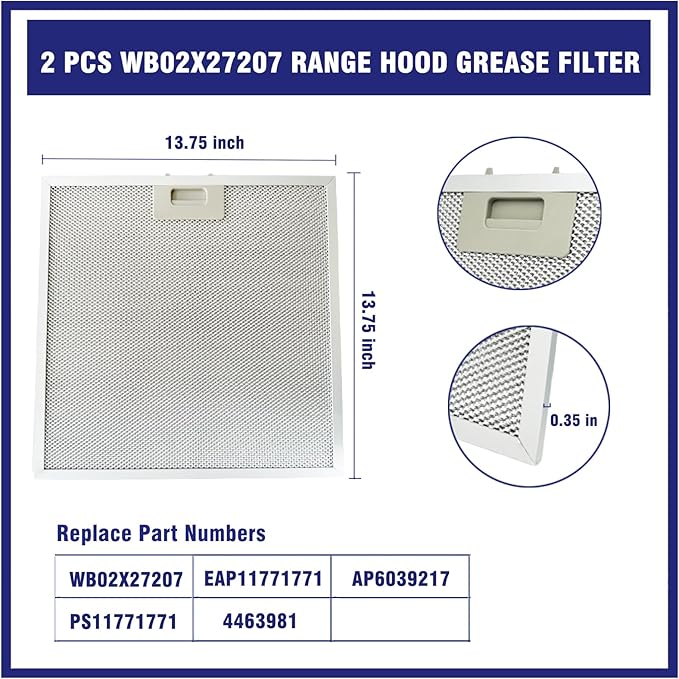 2 Pcs WB02X27207 Range Hood Grease Filter Mesh Fit for GE JVX5300BJ1TS JVX5300DJ1WW JVX5300DJ1BB, Replace 4463981 AP6039217 PS11771771 EAP11771771 (13.75''x13.75'')