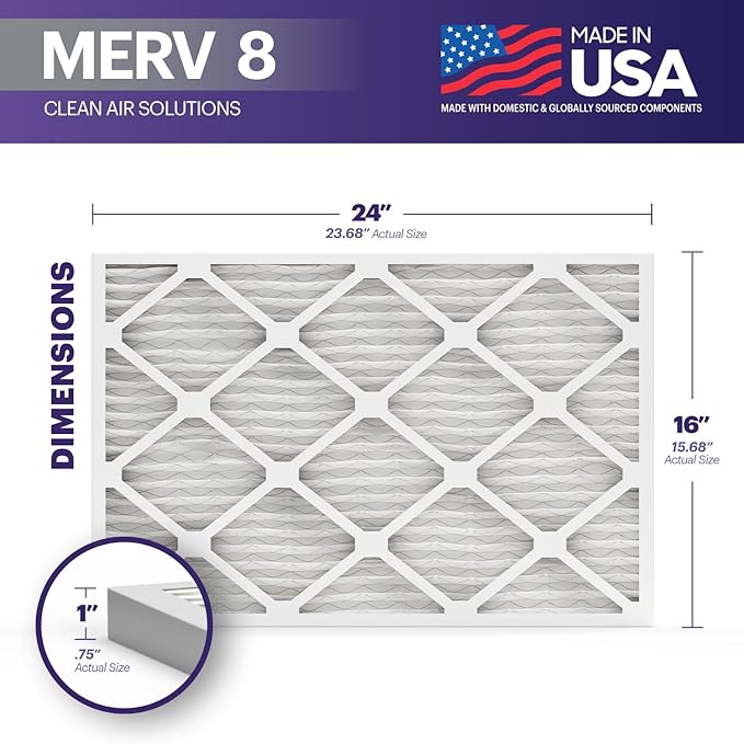 BNX TruFilter 16x24x1 Air Filter MERV 8 (6-Pack) - MADE IN USA – Dust & Pet Defense Pleated Air Conditioner HVAC AC Furnace Filters for Dust, Pet, Mold, Pollen MPR 600 – 700 & FPR 5