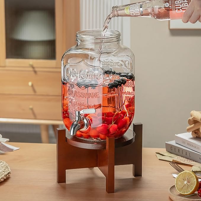 Glass Drink Dispenser with Acacia Wood Stand and Lid,1 Gallon Beverage Dispenser with Stainless Steel Spigot for Parties,Picnics,Barbecues,Lemonade,Sun tea Jar,ice coffee,Laundry Detergent Dispenser
