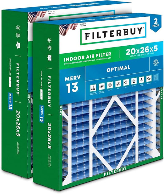 Filterbuy 20x26x5 Air Filter MERV 13 Optimal Defense (2-Pack), Pleated HVAC AC Furnace Air Filters for Electro-Air, Emerson, Lennox, White Rodgers, & More (Actual Size: 20.00 x 25.88 x 4.88 Inches)