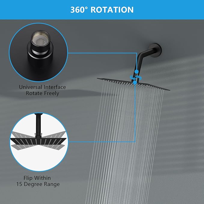 Lordear Rain Shower Head 8 Inch Square High Pressure Waterfall Shower Head Ultra Thin 304 Stainless Steel Shower Head with 100 Silicone Nozzles,Matte Black