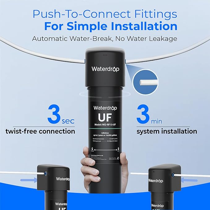 Waterdrop 0.01μm Inline Water Filter System for Refrigerator, Ice Maker, Under Sink, 1/4 inch Direct Connect, NSF/ANSI 42 Certified, 16K Gallons, 15UC-UF