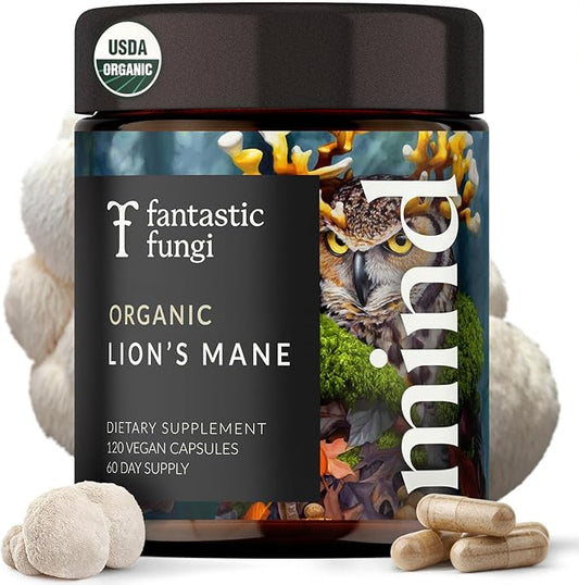 Lions Mane Supplement Capsules, Lion's Mane Mushroom Supplement for Memory, Focus & Mood support, Adaptogen Functional Mushrooms Extract - 100% USDA Organic, Vegan- Glass Jar, 120 Caps, 2 Month Supply