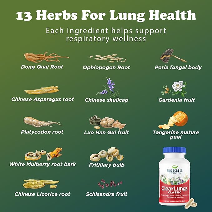 RidgeCrest Herbals ClearLungs Classic, Natural Lung and Nasal Daily Health Supplement for Bronchial, Respiratory, Immune, Sinus, and Mucus Wellness Support, Herbal Formula (60 Caps, 30 Serv)