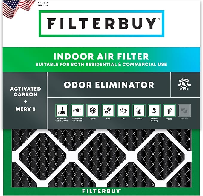 Filterbuy 25x25x1 Air Filter MERV 8 Odor Eliminator (1-Pack), Pleated HVAC AC Furnace Air Filters Replacement with Activated Carbon (Actual Size: 24.50 x 24.50 x 0.75 Inches)