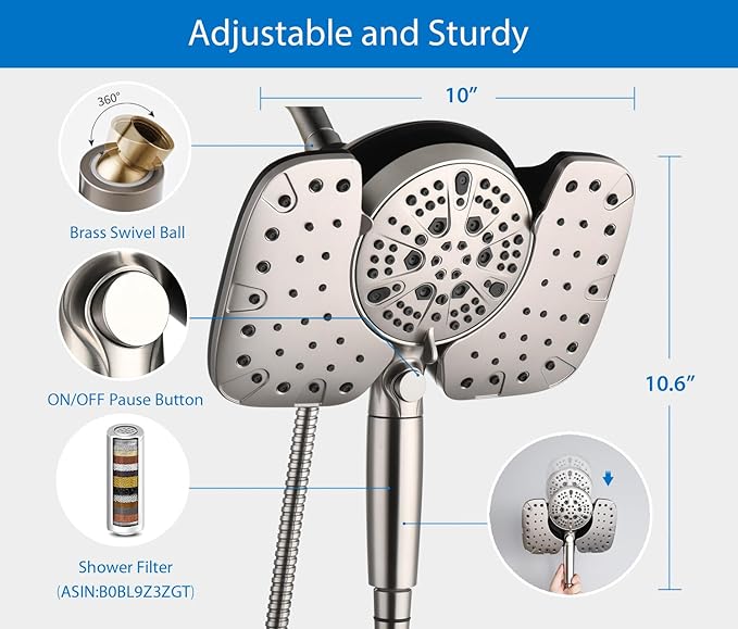 Nickel 2.5GPM Shower Head with Handheld High Pressure: 10” Rainfall Shower Head & HandHeld Shower Head, 9 Spray Settings Detachable Shower Head with ON/OFF Switch and 15-Stage Filter