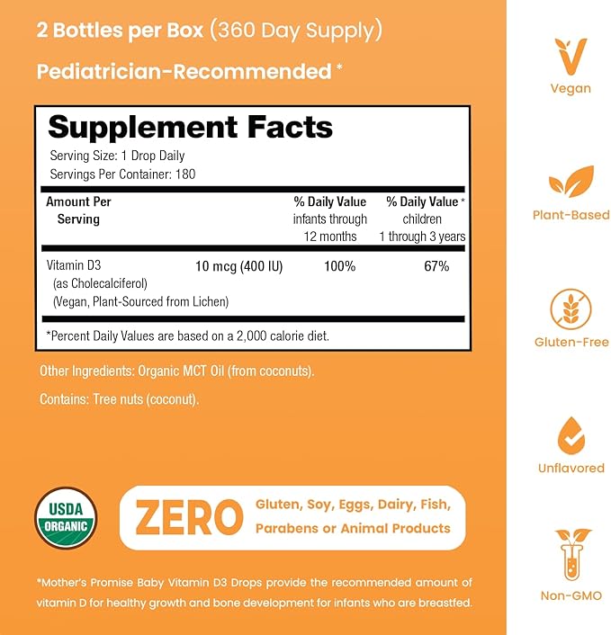 Organic Vitamin D Drops for Babies, Infants & Toddlers | Plant-Based, 400 IU Baby Vitamin D3 Liquid Supplement | Supports Healthy Growth, Bones, Heart & Immune Health for Newborns (2-Pack)