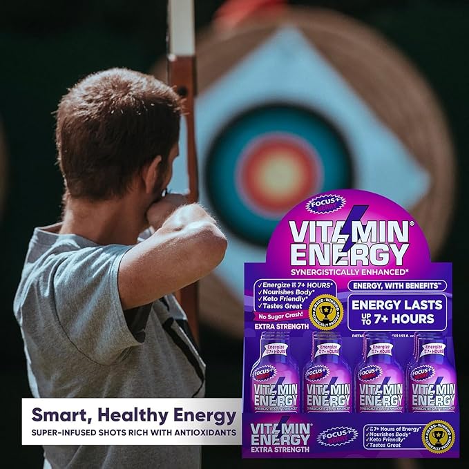 Vitamin Energy Focus+ Extra Strength Energy Shot Berry 24 Pack, 260mg Natural Caffeine, B-Vitamins, CoQ10, Amino Acids, Focus, Productivity & Clarity, Zero Sugar, Gluten-Free, 1.93 fl oz