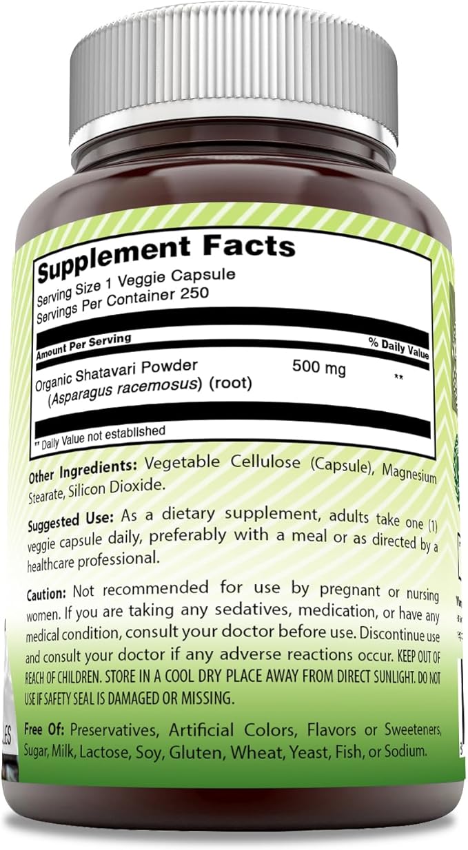 Amazing India Natural Shatavari 500 Mg per Serving 250 Veggie Capsules Supplement | Non-GMO | Gluten-Free