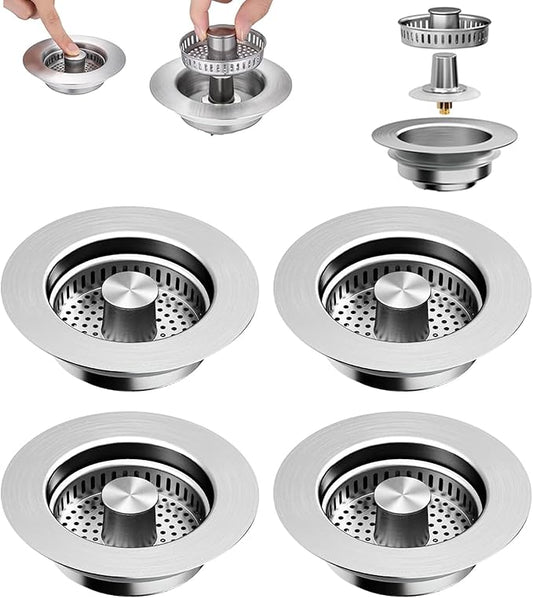 2025 Upgraded 3-in-1 Kitchen Sink Drain Strainer Stopper |Rust-Proof Strainer Basket |Universal Fit for Standard 3.5" Drains |Anti-Clog&Odor Filter |Efficient Drainage (Stainless Steel, 4 PCS)