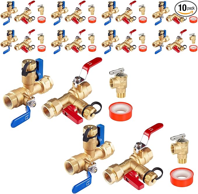 3/4 Inch GUOFIS IPS Tankless Water Heater Valve Kit with Pressure Relief Valve(3/4"FIPx 3/4" FIP),10 Set Water Heater Valve Kit