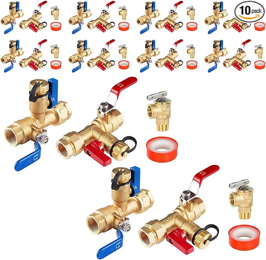 3/4 Inch GUOFIS IPS Tankless Water Heater Valve Kit with Pressure Relief Valve(3/4"FIPx 3/4" FIP),10 Set Water Heater Valve Kit
