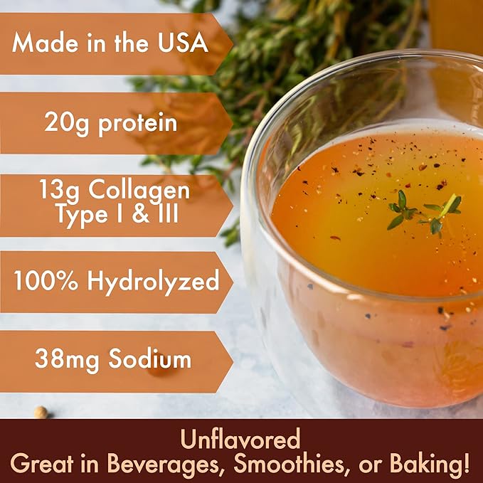 Solo Bone Broth Protein Collagen Powder Low Sodium, 16g Hydrolyzed Collagen Type I & III, for Healthy Skin, Nails, Hair, Joints & Digestion, Grass Fed, 1 lb (Bag - Net Wt. 1 lb. Powder)