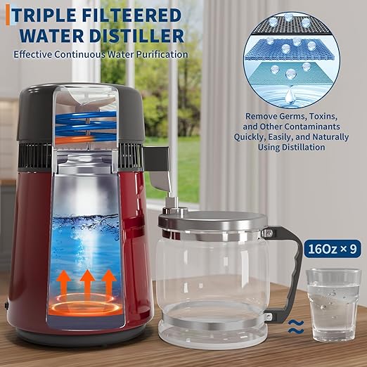 GarveeHome Water Distillers for Home Countertop, 1Gal/4L Stainless Steel Distilled Water Machine with Glass Container, 750W Desktop Drinking Purifier Filter Distilling Kit, Red