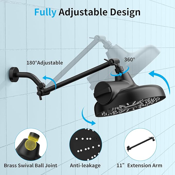 Filtered Shower Head with Extension Arm - EMBATHER 8 Inch High Output Showrhead with 3 Spray Settings, 18 Stage Filter for Hard Water, 11" Adjustable Arm, Brass Swivel Ball Jiont, Matt Black