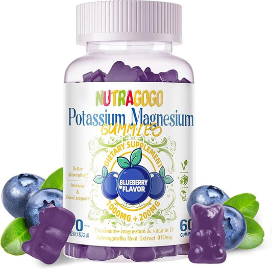 Potassium Magnesium Gummies,Potassium Supplement w/Ashwagandha,High Absorption Magnesium Glycinate,B6,D3,Potassium Citrate for Leg Cramps,Muscle,Electroyte for Adults Kids,Sugar-Free, 60 Gummies