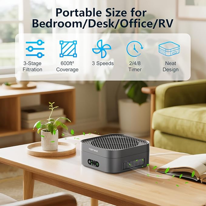 Air Purifiers for Home 600 Sq.Ft, TDBYWAE H13 True HEPA Air Purifier with USB Cable for Pets Dust Dander Pollen Odor Smoke, Small Portable Air Purifier for Bedroom Office Desktop Car RV (Grey)