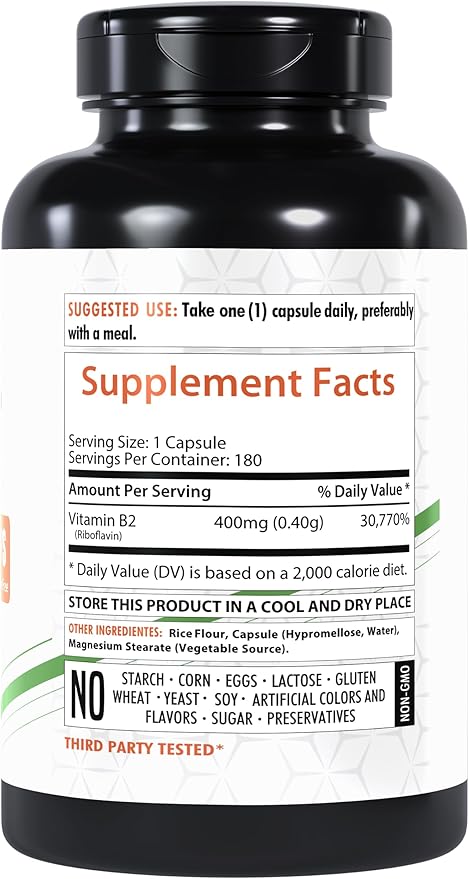 Vitamin B2 Riboflavin 400mg | 180 Veg Capsules | Supplement | Gluten-Free | Non-GMO