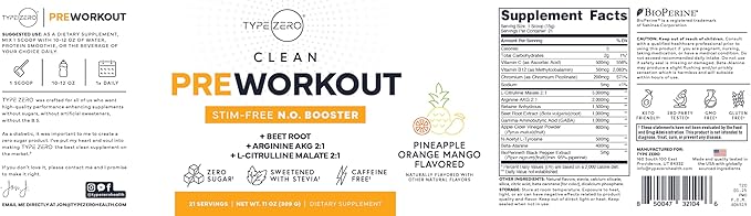 Type Zero Ultra Clean Stim Free Pump Pre Workout (Pineapple Orange Mango) Beetroot, Arginine, Citrulline Malate, Betaine, Beta A, ACV+ Sugar/Caffeine Free Non Stim Preworkout Men & Women