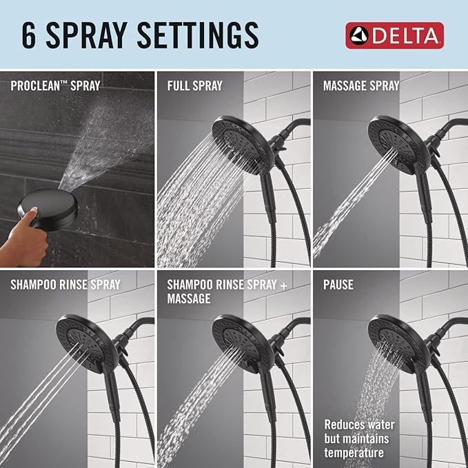 Delta 6-Setting In2ition 2-in-1 Dual Shower Head with Handheld High Pressure ProClean Spray, Matte Black Detachable Shower Head with Hose, 1.75 GPM Flow Rate, Matte Black 75655BL