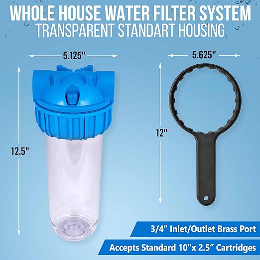 10 Inches Transparent Standard Whole House Water Filter System with Presser Relief Valve, 3/4” Inlet/Outlet Brass Port and Yearly Supply (4) Sediment Cartridges 50 Micron