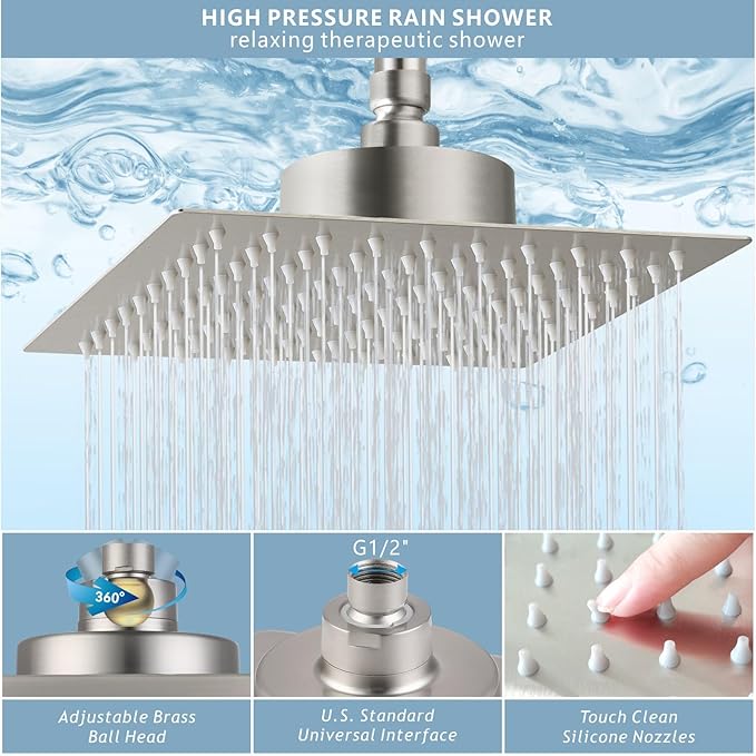 High Pressure Rain Shower Head with Filtered - 10" All Metal Square Showerhead Filter for Remove Chlorine and Harmful Substances, Brushed Nickel