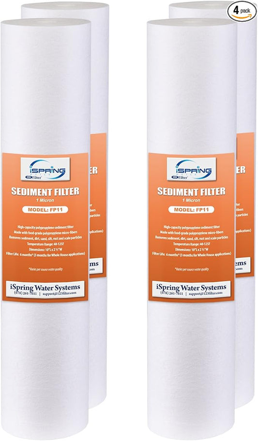 iSpring FP11X4 10"x2.5" Universal Sediment Water Filter Replacement Cartridges, 1 Micron Multi-layer Sediment Filter, 4 Pack