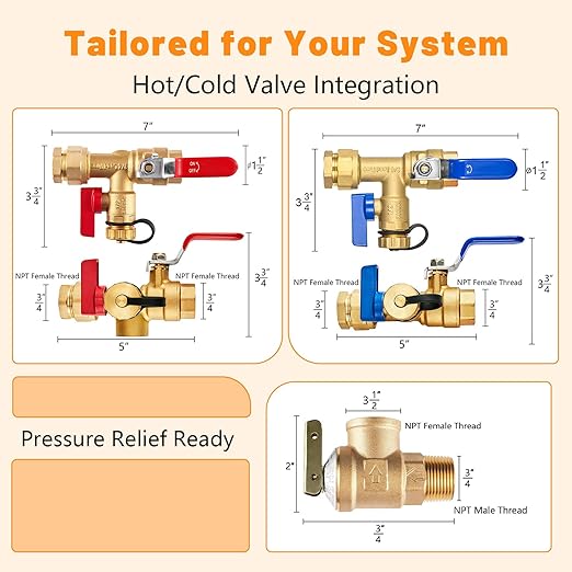 (Set of 1 Kit) HeSun 3/4" FIP X 3/4" FIP IPS Isolator Tankless Water Heater Service Valve Kit, with Pressure Relief Valve