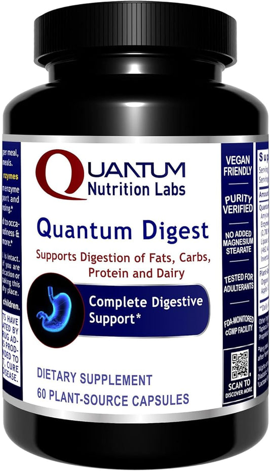 Quantum Nutrition Labs Quantum Digest - Digestive Health Enzymes for Women and Men, Digestion Support for Gut Health, Fully Active Vegan Enzyme Pills - 60 Vegetarian Capsules