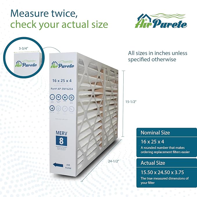 Furnace Filter 16x25x4 (Actual Size: 15-1/2" x 24-1/2" x 3-3/4") | Replacement for Pleated HVAC AC Furnace Air Filters | MERV 8 | Pack of 5