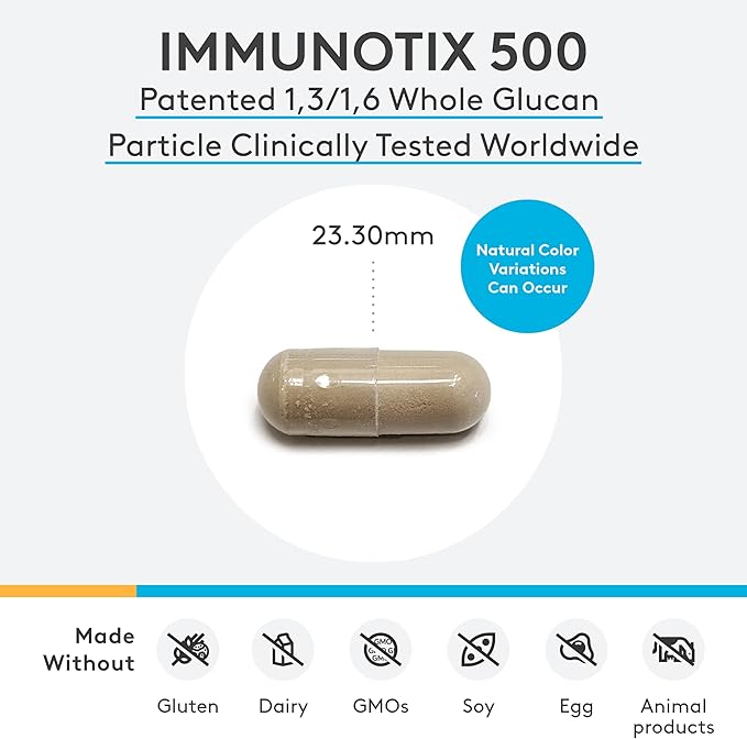 XYMOGEN ImmunotiX 500 - Supports Healthy Immune Function - Patented 1,3/1,6 Whole Glucan Particle Clinically Tested Worldwide - Beta-Glucan Derived from Saccharomyces cerevisiae (60 Capsules)