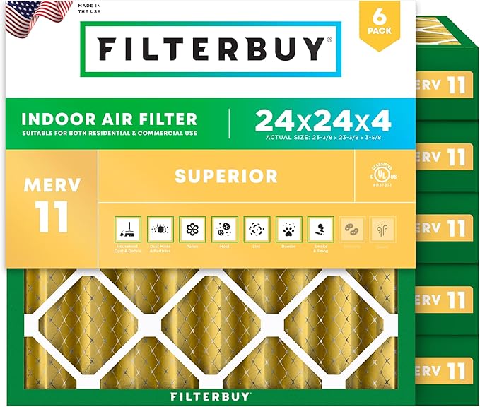 Filterbuy 24x24x4 Air Filter MERV 11 (MPR 1200) Allergen Defense Replacement (6-Pack), Electrostatic Pleated HVAC AC Furnace Filters, Made in USA (Actual Size: 23.38 x 23.38 x 3.63)