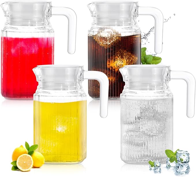 Gejoy 4 Pieces 17 oz Glass Pitcher with Lid Fridge Juice Glass Water Pitcher Beverage Drink Containers Jug for Fridge Iced Tea Lemonade Milk Cocktails Cold