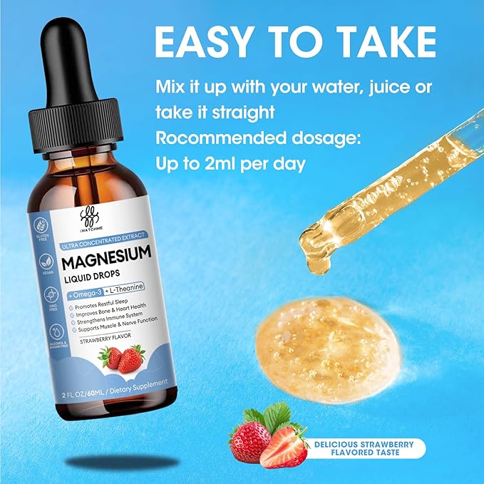 Magnesium Glycinate Liquid Drop with Citrate, Oxide and Taurate, Calm Magnesium with Omega3, L-Theanine, D3, B6, B12 for Calm, Sleep, Leg Cramps, Muscles, Energy, Sugar-Free Strawberry Flavor