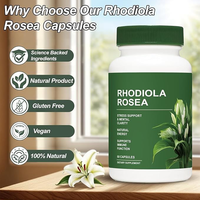 Rhodiola Rosea Organic Capsules, Rhodiola Rosea Supplement, Adaptogenic Herb for Daily Stress Support & Energy Balance – 500mg per Serving – 60 Vegan Capsules (1)