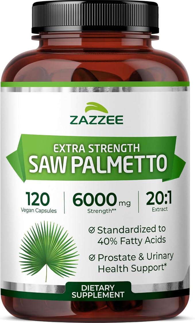 Zazzee Extra Strength Saw Palmetto 20:1 Extract, 6000 mg Strength, 40% Fatty Acids, 120 Vegan Capsules, 4 Month Supply, Concentrated and Standardized 20X Extract, Non-GMO, All-Natural, Made in the USA