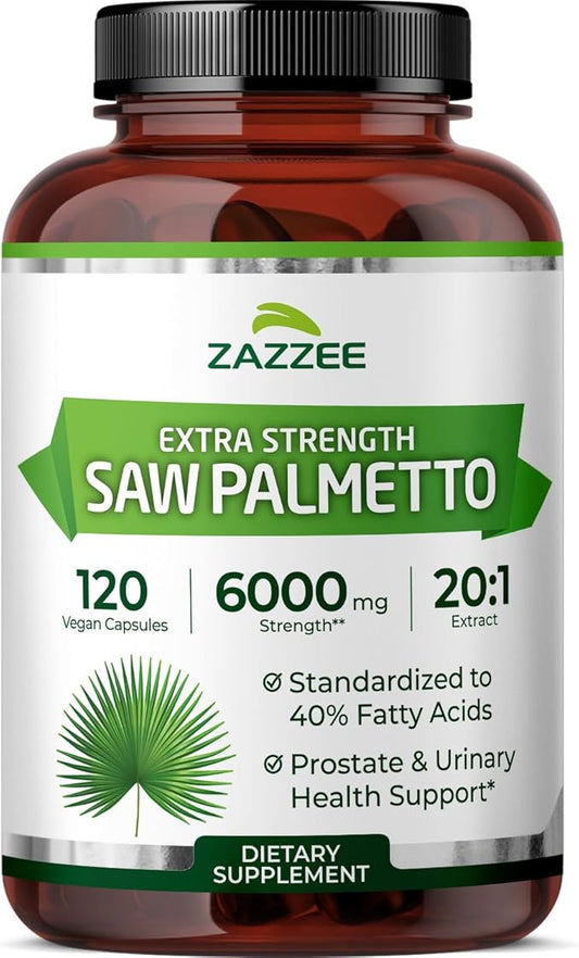 Zazzee Extra Strength Saw Palmetto 20:1 Extract, 6000 mg Strength, 40% Fatty Acids, 120 Vegan Capsules, 4 Month Supply, Concentrated and Standardized 20X Extract, Non-GMO, All-Natural, Made in the USA