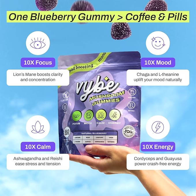 Vybe Daily Nootropic Gummies – 8-in-1 Mushroom & Adaptogen Brain Supplement for Focus, Energy, and Mood with Lion's Mane, Cordyceps, Reishi, Chaga, Ashwagandha (Blueberry, 60-Count)