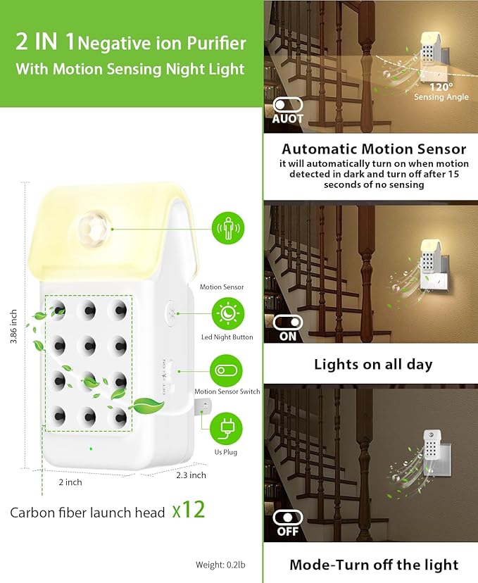 ySky Plug In Air Purifier for Home(3Packs), Negative Ion Air purifiers with LED Motion Sensor Night Light,Quiet Mini Air Ionizers for home,Bathroom,Bedroom,Portable Air ionizer for Odor,Pet smell