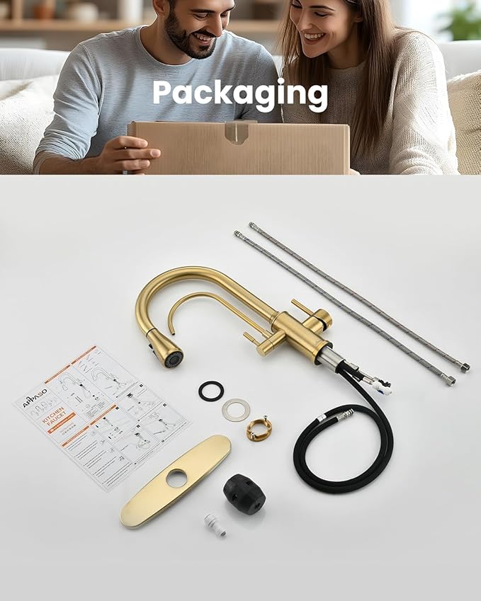 APPASO Kitchen Faucet with Water Filter, 2 Handle 3 Way Gold Kitchen Sink Faucet, High Arch 3 Hole Kitchen Faucet with Pull Down Sprayer - 3 in 1 Faucet (Without Water Filtration Device)