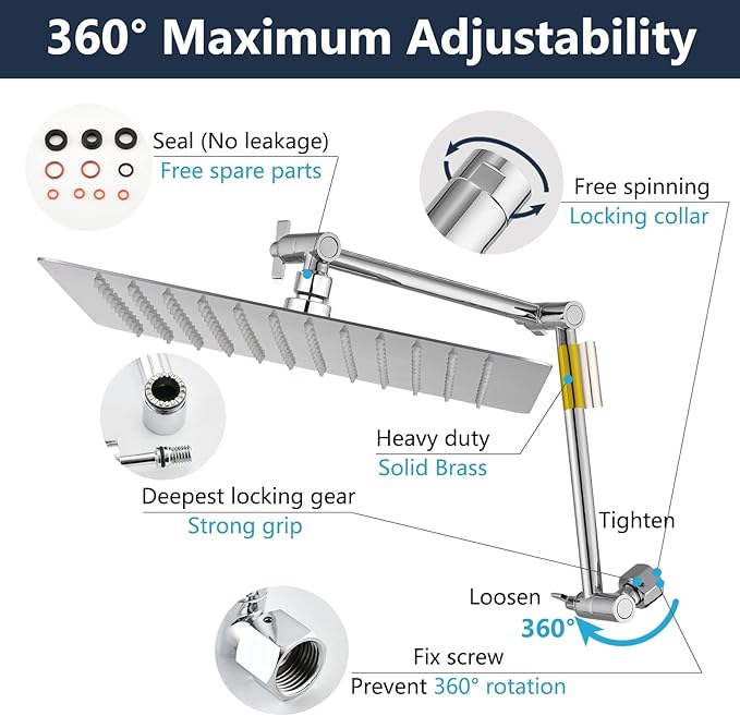 PDPBath All Metal 12" Rainfall Shower Head with 16" Upgrade Flexible Extension Arm, Shower Head with Handheld Combo,70" Extra Long Shower Hose, 3-Way Diverter, Chrome