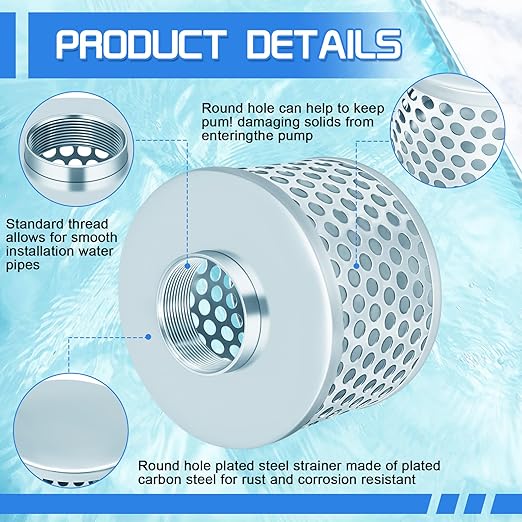 2” Pump Suction Hose Strainer, Round Hole Steel Basket Water Suction Filter, Carbon Steel Plated, with NPT Female Thread (2 inch)