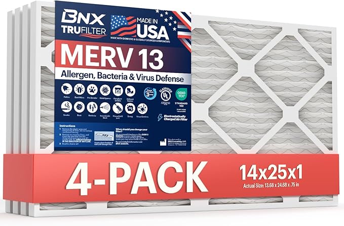 BNX TruFilter 14x25x1 Air Filter MERV 13 (4-Pack) - MADE IN USA - Electrostatic Pleated Air Conditioner HVAC AC Furnace Filters for Allergies, Pollen, Mold, Bacteria, Smoke, Allergen, MPR 1900 FPR 10