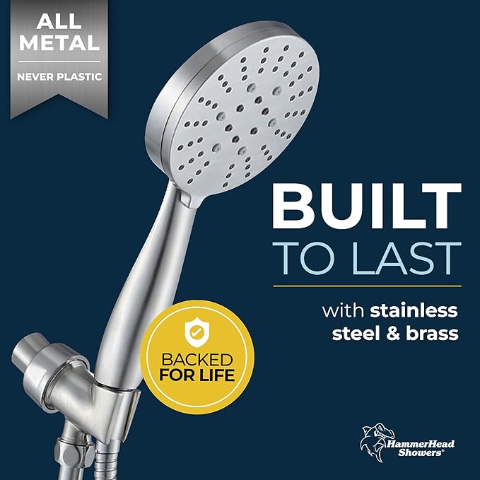 HammerHead Showers Solid Metal 3-Spray Handheld Shower Head with Long Hose and Holder, High Pressure, Wide/Massage/Mist Sprays, Brushed Nickel, 1.75 GPM