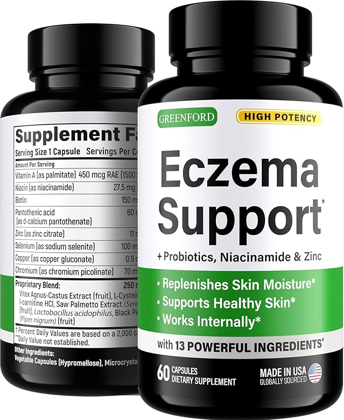 Greenford Eczema Treatment & Support for Natural Relief - Made in USA - Skin Vitamins & Herbals for Eczema, Acne, Psoriasis, Rosacea Treatment with Zinc, Niacinamide & Probiotics - 60 caps