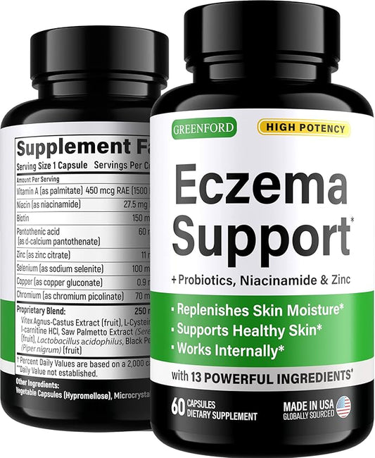Greenford Eczema Treatment & Support for Natural Relief - Made in USA - Skin Vitamins & Herbals for Eczema, Acne, Psoriasis, Rosacea Treatment with Zinc, Niacinamide & Probiotics - 60 caps