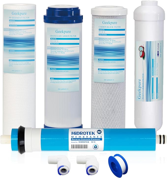 Geekpure 5 Stage Reverse Osmosis Replacement Filter Set with 50 GPD Membrane -Standard 10 Inch